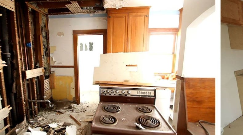 Before and after photos of a kitchen that Wes Hartshorn in a home he acquired using the city of Dayton’s Lot Links program. CONTRIBUTED
