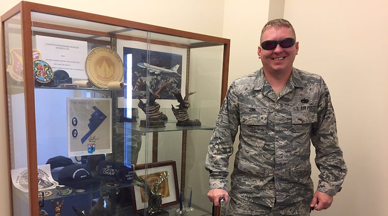 Tech. Sgt. Rodger Zink serves as an aerial porter technician with the 88th Logistics Readiness Squadron, Wright-Patterson Air Force Base. A brain tumor and line of duty injuries have affected his sight, balance and coordination. (Skywrighter photo/Amy Rollins)