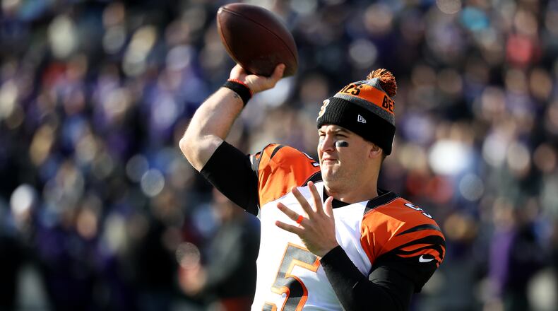 Bengals backup quarterback AJ McCarron warms up prior to a game against the Ravens at M&T Bank Stadium on November 27, 2016 in Baltimore.