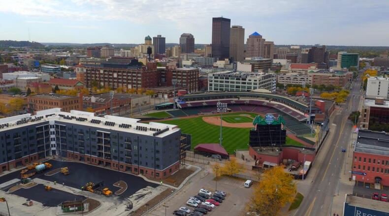 The Dayton Dragons stadium, with Monument Avenue on the right side of the photo.