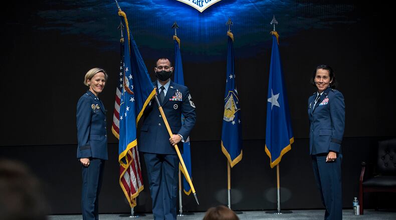 Brig. Gen. Jeannine Ryder (right) assumes command of the Air Force Research Laboratory’s 711th Human Performance Wing during a virtual change of command ceremony Aug. 31 at the Air Force Institute of Technology at Wright-Patterson Air Force Base. Brig. Gen. Heather Pringle (left), AFRL commander, presided over the ceremony, which was streamed live on AFIT's YouTube page to encourage social distancing during the COVID-19 pandemic. (U.S. Air Force photo/Richard Eldridge)