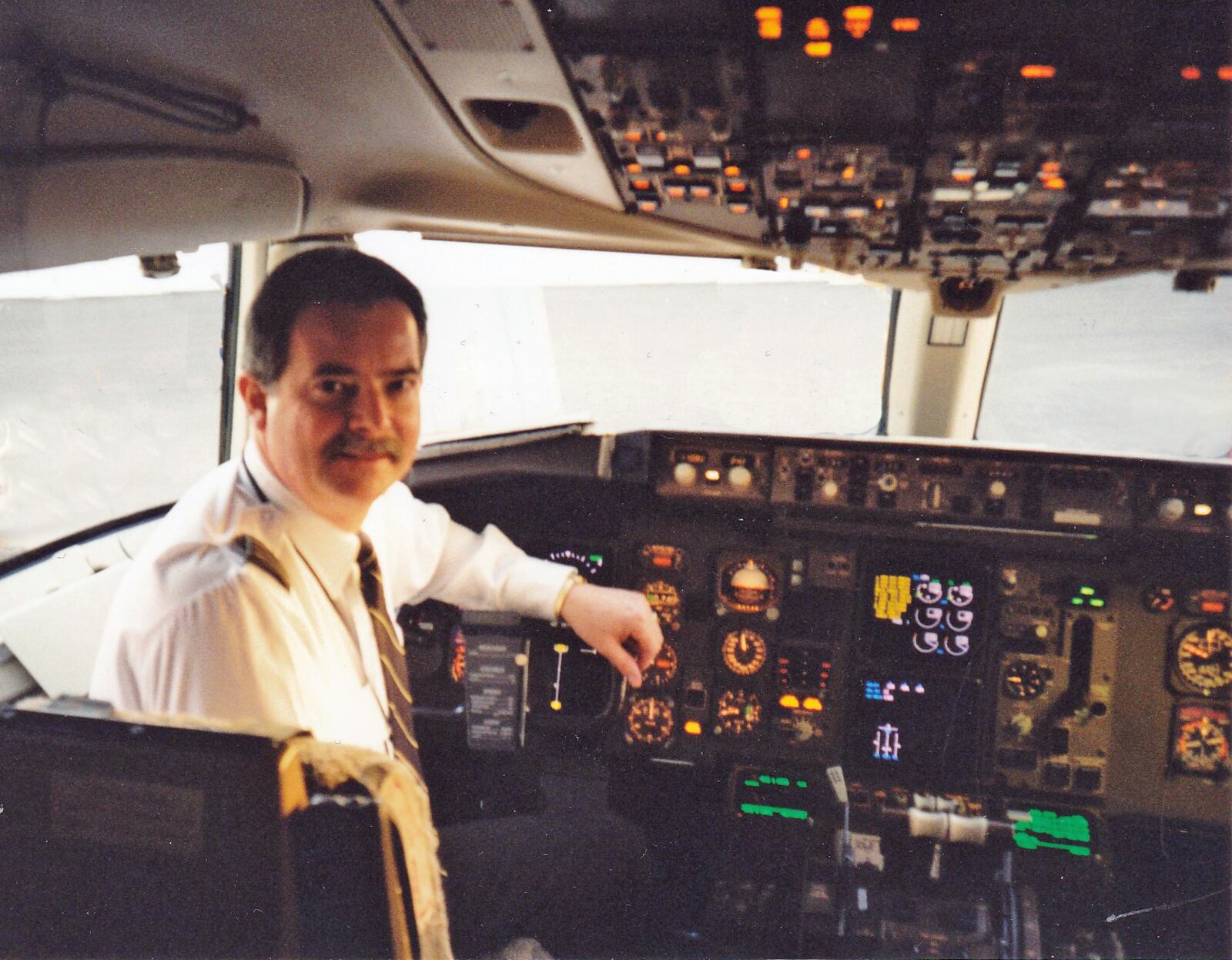 Jack Sprankle in the pilot's seat on a Boeing 757 aircraft. He was certified to fly many different types and sizes of aircraft over the years.
