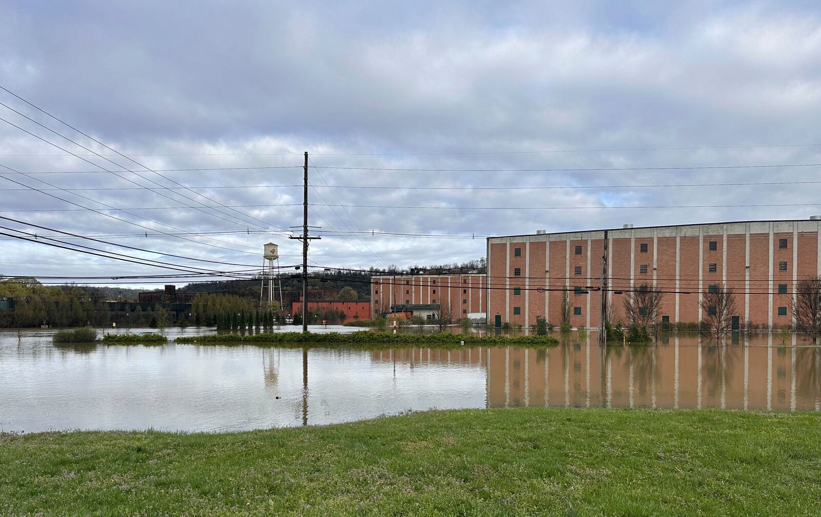 The Buffalo Trace Distillery in Frankfort, Ky., is seen amid floodwaters on Monday, April 7, 2025. (AP Photo/Kristin M. Hall)