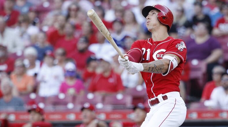 CINCINNATI, OH - JUNE 30: Michael Lorenzen #21 of the Cincinnati Reds hits a grand slam home run while pinch hitting in the seventh inning against the Milwaukee Brewers at Great American Ball Park on June 30, 2018 in Cincinnati, Ohio. (Photo by Joe Robbins/Getty Images)