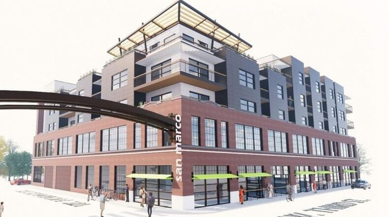 A rendering of San Marco Dayton LLC’s plans for a former car dealership building in the Wright Dunbar area on West Third Street. CONTRIBUTED.