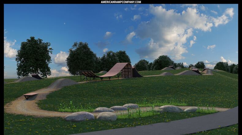 A rendering of some features at the proposed Dayton Bike Yard, the city's first mountain bike park. CONTRIBUTED