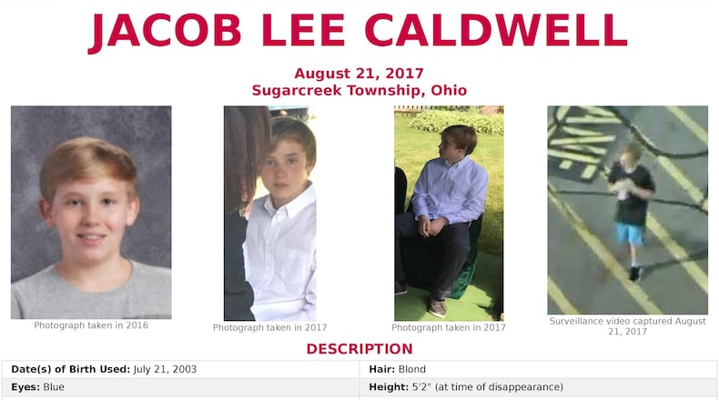 FBI reward poster for information about the disappearance of Jacob Lee Caldwell, who has been missing since days after seeing his father shot to death. CONTRIBUTED