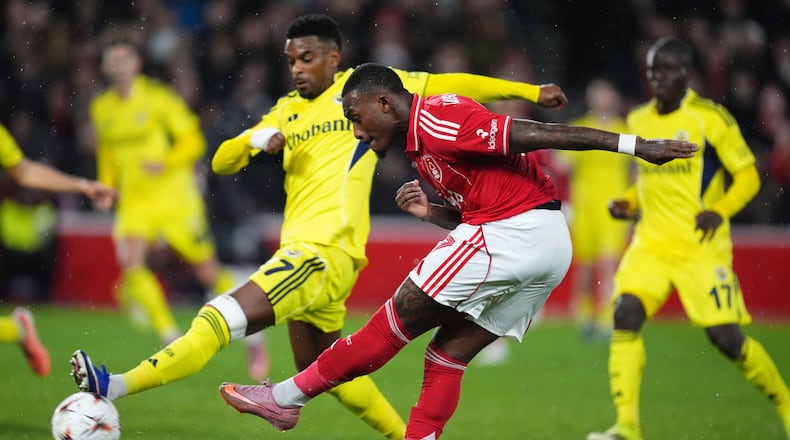 Nottingham Forest's Callum Hudson-Odoi scores during the Europa League knockout phase play-off second leg match between Nottingham Forest and Fenerbahce in Nottingham, England, Thursday Feb. 26, 2026. (Mike Egerton/PA via AP)