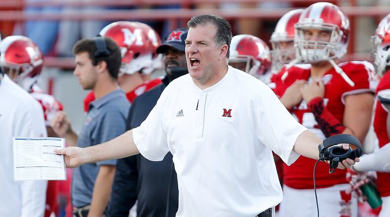 Miami University coach Chuck Marti reacts during a game against Buffalo at Yager Stadium in Oxford on Oct. 21, 2017. MICHAEL REAVES/GETTY IMAGES