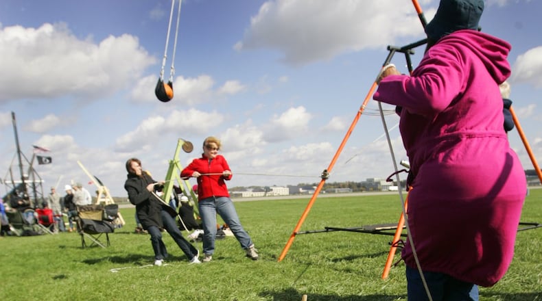 A human-powered chucker flings pumpkins at a Wright-Patterson Pumpkin Chuck competition at the National Museum of the U.S. Air Force. JIM WITMER/STAFF FILE PHOTO