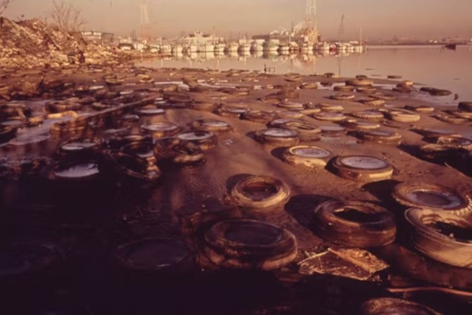Discarded tires litter the shorefront of Baltimore Harbor in 1973. Jim Pickerell, Documerica Project, U.S. National Archives