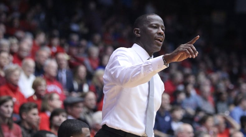 Dayton’s Anthony Grant talks to his players during a game against Tennessee Tech on Wednesday, Dec. 6, 2017, at UD Arena. David Jablonski/Staff