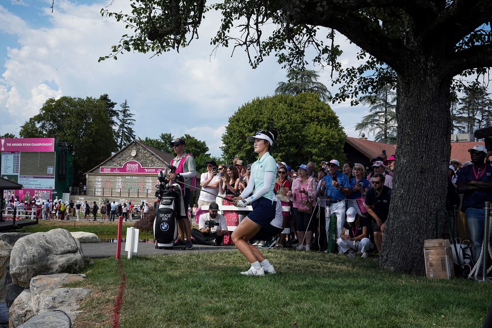 Grace Kim, of Australia, plays on the 18th hole on her way to win the Evian Championship women's golf tournament, in Evian, eastern France, Sunday, July 13, 2025. (AP Photo/Laurent Cipriani)