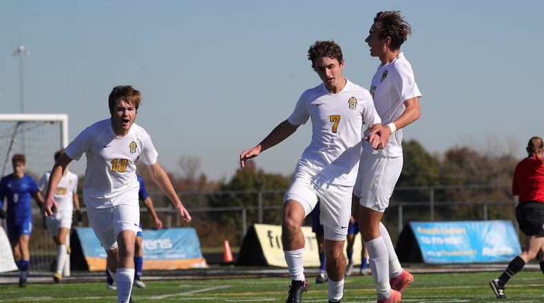 Centerville's Jack Drabenstott (7), Drew Boettcher (10) and Drew Gaydosh celebreate a Drabenstott goal in Saturday's regional final win over St. Xavier. Drabenstott scored two goals and Boettcher added a goal in the Elks' 3-1 win Wednesday over Dublin Jerome in the state semifinals. CONTRIBUTED