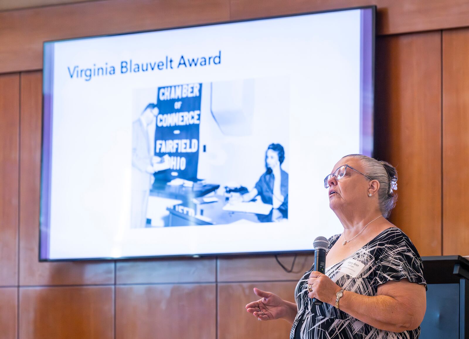 Mary Ann Henningerwas recipient of the Virginia Blauvelt Award during the Women Mean Business awards luncheon Tuesday, June 18, 2024 at Fairfield Community Arts Center in Fairfield. This award was created to honor Virginia Blauvelt's legacy and acknowledge a woman who serves the chamber and community as a volunteer and leader. NICK GRAHAM/STAFF