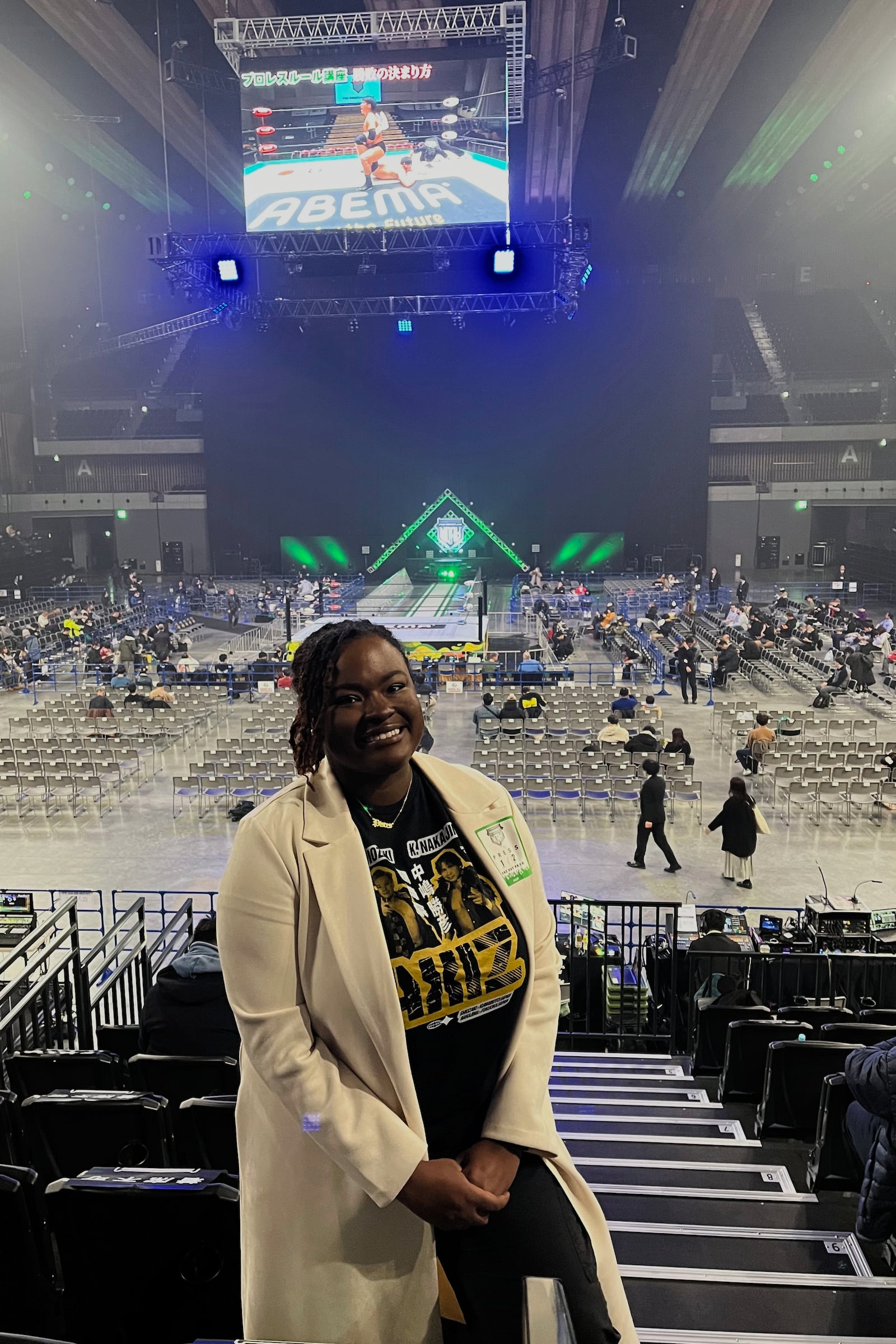 Freelance wrestling writer Lyric Swinton is photographed at Ariake Arena in Tokyo, Japan on Jan. 2, 2024. (Lyric Swinton via the AP)