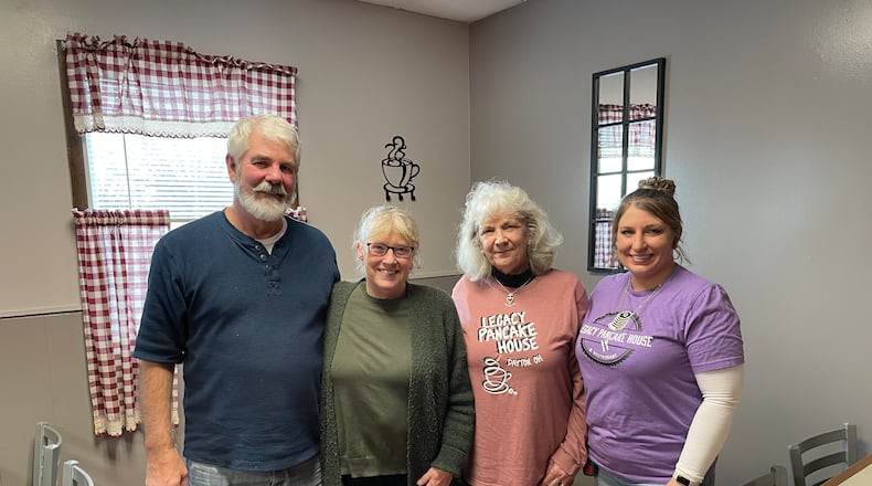 Pictured (left to right) is Kevin and Kelly McClure, the owners of Holly's Home Cooking, and Nancy Maybury and Mary Teegarden, the mother-daughter duo that own Legacy Pancake House. NATALIE JONES/STAFF