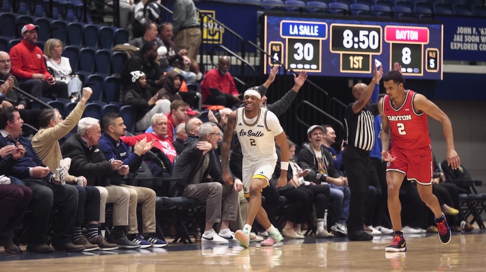 La Salle's Jaeden Marshall reacts after making a 3-pointer against Dayton in the first half on Wednesday, Jan. 21, 2026, at John E. Glaser Arena in Philadelphia. David Jablonski/Staff