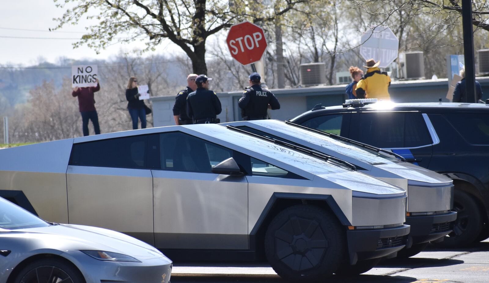 Anti-Musk protests continued on Saturday, April 12, 2025, at a Tesla facility in Moraine. People are the protest said veterans, Social Security, Medicare, Medicaid and other social services were at the top of their concerns. SAM WILDOW/STAFF