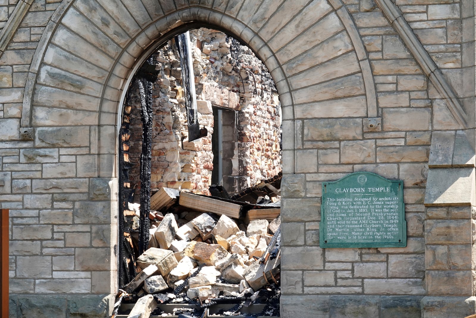 FILE - The historic Clayborn Temple, a landmark from the civil rights movement with ties to Martin Luther King Jr., caught fire, April 28, 2025, in Memphis, Tenn. (AP Photo/Karen Pulfer Focht, File)