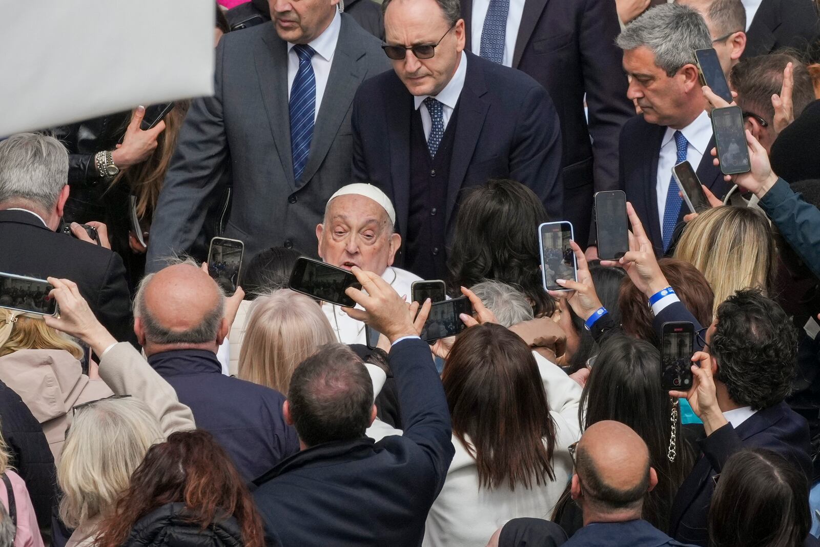 Pope Francis arrives at the end of the mass on Palm Sunday in St. Peter's Square at The Vatican, Sunday, April 13, 2025. (AP Photo/Alessandra Tarantino)