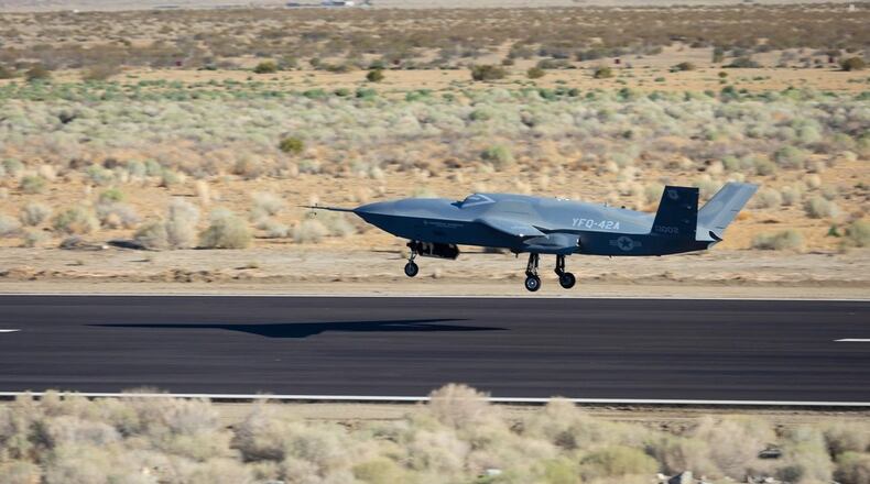 A YFQ-42A Collaborative Combat Aircraft lands after a test flight at a California test location. Air Force photo.