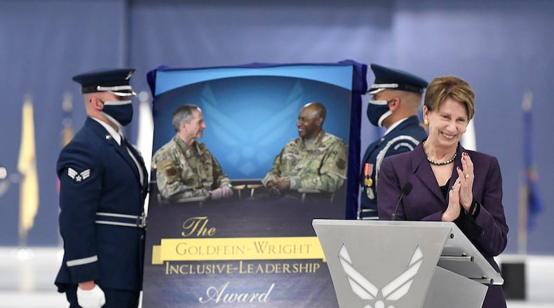 Secretary of the Air Force Barbara M. Barrett announces the creation of the Goldfein-Wright Inclusive Leadership Award during the chief master sergeant of the Air Force change of responsibility ceremony at Joint Base Andrews, Md., Aug. 14. Chief Master Sgt. of the Air Force JoAnne S. Bass assumed the duties of chief master sergeant of the Air Force from Chief Master Sgt. of the Air Force Kaleth O. Wright during the ceremony. (U.S. Air Force photo/Andy Morataya)