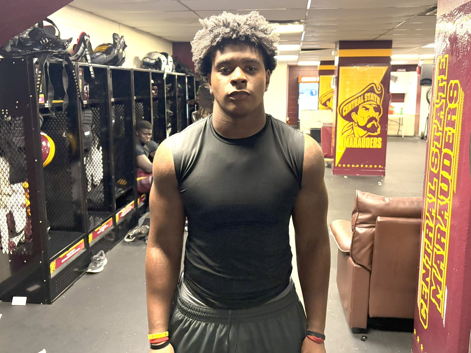 Mathias Davis, a redshirt freshman defensive lineman from Southfield, Michigan, in the Central State dressing room after a 10-0 loss to Benedict College at Welcome Stadium. He was one of the Marauders’ few bright spots Saturday. He sacked quarterbacks of the South Carolina team three times and chased them from the pocket on several others. He is part of a celebrated football family that saw his grandfather, dad and two uncles play in the Big Ten and two also play in the NFL. TOM ARCHDEACON/CONTRIBUTED PHOTO