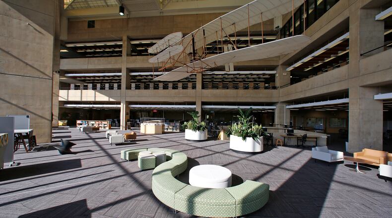 Second floor view of the Paul Laurence Dunbar Library at Wright State University. The library recently completed a renovation that included new furniture and carpet to replace the 30-year-old furnishings which were recycled throughout the university. TY GREENLEES / STAFF