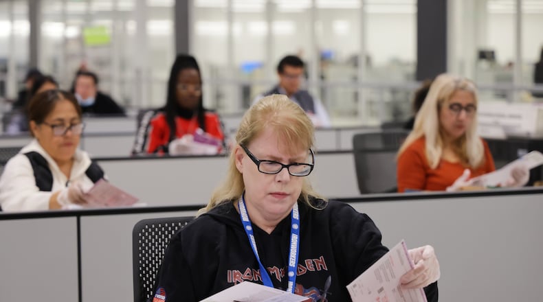 A worker examines ballots at the L.A. County Ballot Processing Center on Tuesday, Nov. 4, 2025, in City of Industry, Calif. (AP Photo/Ethan Swope)