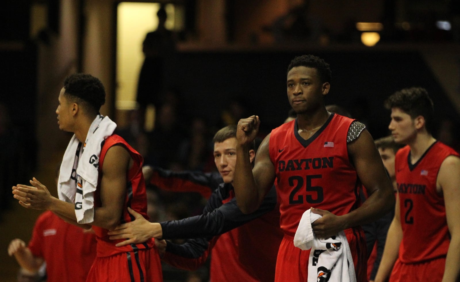 Dayton's Kendall Pollard celebrates on the bench after a basket against Vanderbilt on Wednesday, Dec. 10, 2015, at Memorial Gymnasium in Nashville, Tenn.