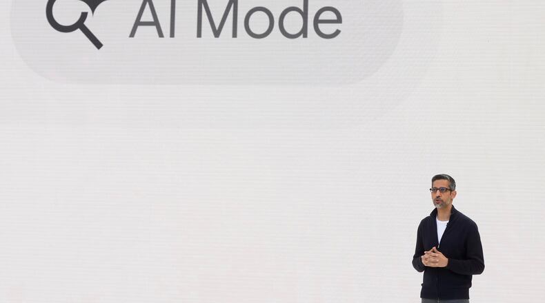 FILE - Alphabet CEO Sundar Pichai speaks at a Google I/O event in Mountain View, Calif., Tuesday, May 20, 2025. (AP Photo/Jeff Chiu, File)