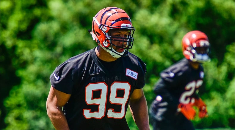 Cincinnati Bengals unsigned draft pick Jordan Willis gets set for a drill during practice Tuesday, June 6 on their practice fields next to Paul Brown Stadium in Cincinnati. NICK GRAHAM/STAFF