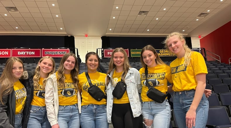 The Ottawa Glandorf High students as they were picking up trash after the Division III boys basketball state title game at UD Arena. The photo was taken by appreciative Arena usher Richard Keehn. Students from left to right: Bri Douglass, Mackenzie Recker, Claire Brickner, Amerie Young, Bailey Krouse, Lauren Niese and Myka Aldrich. Richard Keehn/CONTRIBUTED