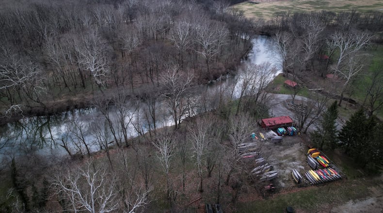 A drone photograph of  Bellbrook Canoe Rental and the Little Miami River near Washington Mill Road.  A study conducted on the portion of the Little Miami River in Greene County shows the scenic state river has economic development potential with recreation and other uses.