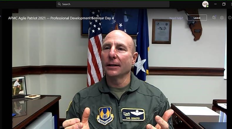 Lt. Gen. Carl Schaefer, Air Force Materiel Command deputy commander, encourages Airmen during closing remarks via Microsoft Teams at AFMC’s 2022 Agile Patriot professional development conference Jan. 13. U.S. AIR FORCE PHOTO/MICHELE RUFF