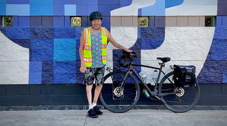 Jeffrey McElfresh prepares to depart on a bike ride from Dayton to Indianapolis on Wednesday, Sept. 3, 2025. The goal of his ride was to raise awareness about Charcot-Marie-Tooth disease (CMT), a rare and incurable neuromuscular disorder. Contributed photo