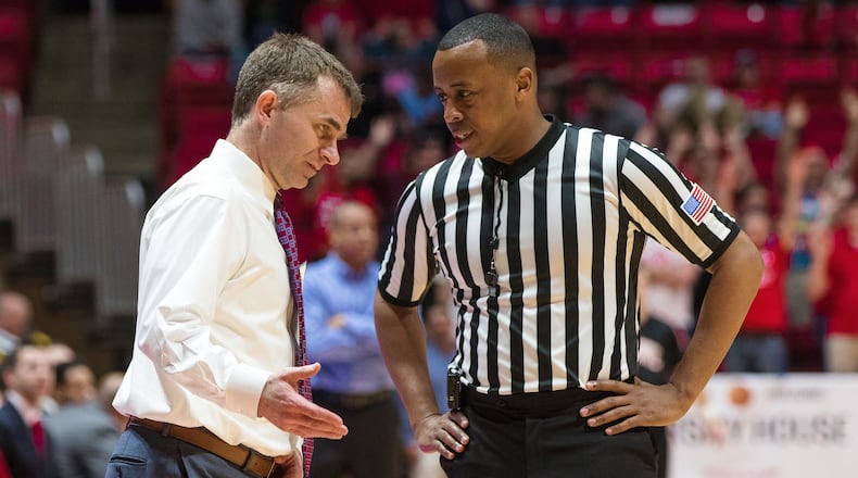Ball State coach James Whitford wants an explanation from Edwin Young during Friday’s game. DOMENIC CENTOFANTI / BALL STATE CREATIVE SERVICES