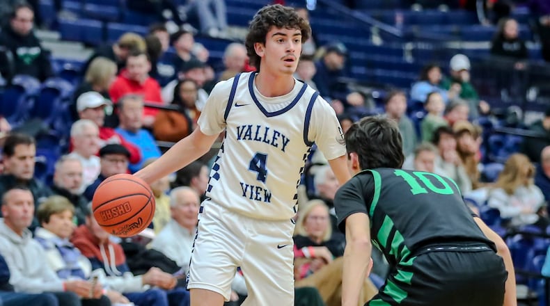 Valley View boys basketball guard Brody Denny dribbles the ball during their game against Margaretta earlier this year at The Beacon Orthopaedics Flyin' to the Hoop Invitational at Kettering's Trent Arena. MICHAEL COOPER/CONTRIBUTED