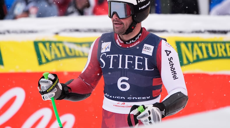 Austria's Vincent Kriechmayr reacts after his run during a World Cup men's super-G skiing race, Friday, Dec. 5, 2025, in Beaver Creek, Colo. (AP Photo/John Locher)