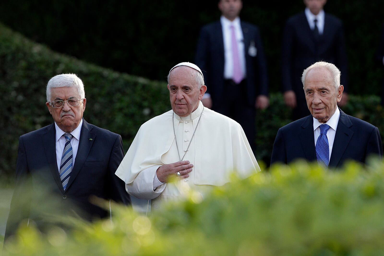 FILE - Pope Francis is flanked by Israel's President Shimon Peres, right, and Palestinian President Mahmoud Abbas during an evening of peace prayers in the Vatican, Sunday, June 8, 2014. (AP Photo/Gregorio Borgia, file)