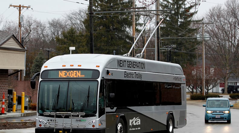 The NexGen electric trolley reaches the end of the route 5 trolley line on Southmoor Circle in Kettering. Greater Dayton RTA will buy 26 of the buses for about $1.2 million each and another 15 once federal funding is lined up. LISA POWELL / STAFF