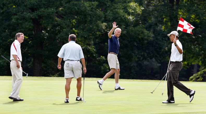 FILE - President Barack Obama, from right, Vice President Joe Biden, House Speaker John Boehner, R-Ohio, and Ohio Gov. John Kasich walk on the first green during a round of golf at Andrews Air Force Base, Md., June 18, 2011. (AP Photo/Charles Dharapak, File)