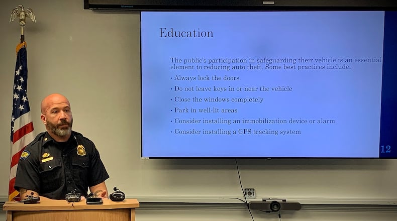Dayton Police Maj. Justin Hal offers the public tips to reduce auto thefts at a joint media briefing with several other jurisdictions at the Dayton Safety Building Wednesday Oct. 26, 2022. MARSHALL GORBY\STAFF