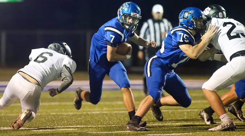 Brookville High School junior Tim Davis runs the ball during their game against Franklin on Thursday night in Brookville. Davis rushed for two touchdowns as the Blue Devils won 21-7. CONTRIBUTED PHOTO BY MICHAEL COOPER