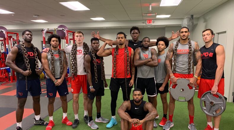 The Dayton Flyers pose during an offseason workout for strength and conditioning coach Ed Streit, who left in August for a job with the Lakers. Submitted photo