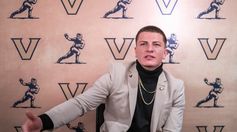 Heisman Trophy finalist Vanderbilt quarterback Diego Pavia speaks during an NCAA college football news conference before the award ceremony, Saturday, Dec. 13, 2025, in New York. (AP Photo/Eduardo Munoz Alvarez)