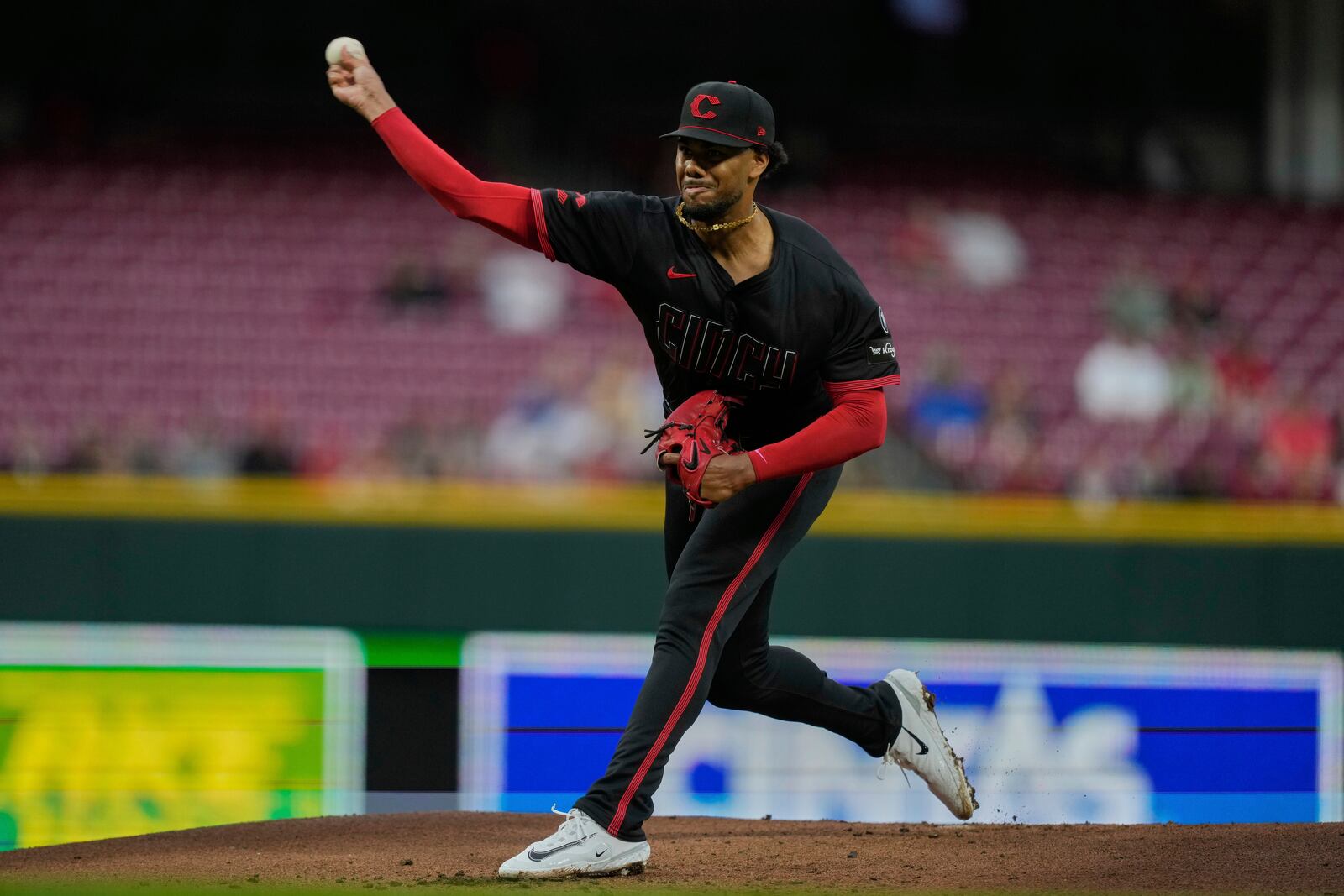 Cincinnati Reds pitcher Hunter Greene throws during the first inning of a baseball game against the Washington Nationals, Friday, May 2, 2025, in Cincinnati. (AP Photo/Carolyn Kaster)