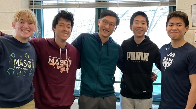 Students from Mason High School were among the top finishers in a recent international math competition. And they are now finalists going into next week’s final, online competition round with a chance to win part of $100,000 in prize money. From left to right: Katie Wilson, David Zhang, Matthew Qiu, Jason Wang and Oliver Gao. (Provided Photo\Journal-News)