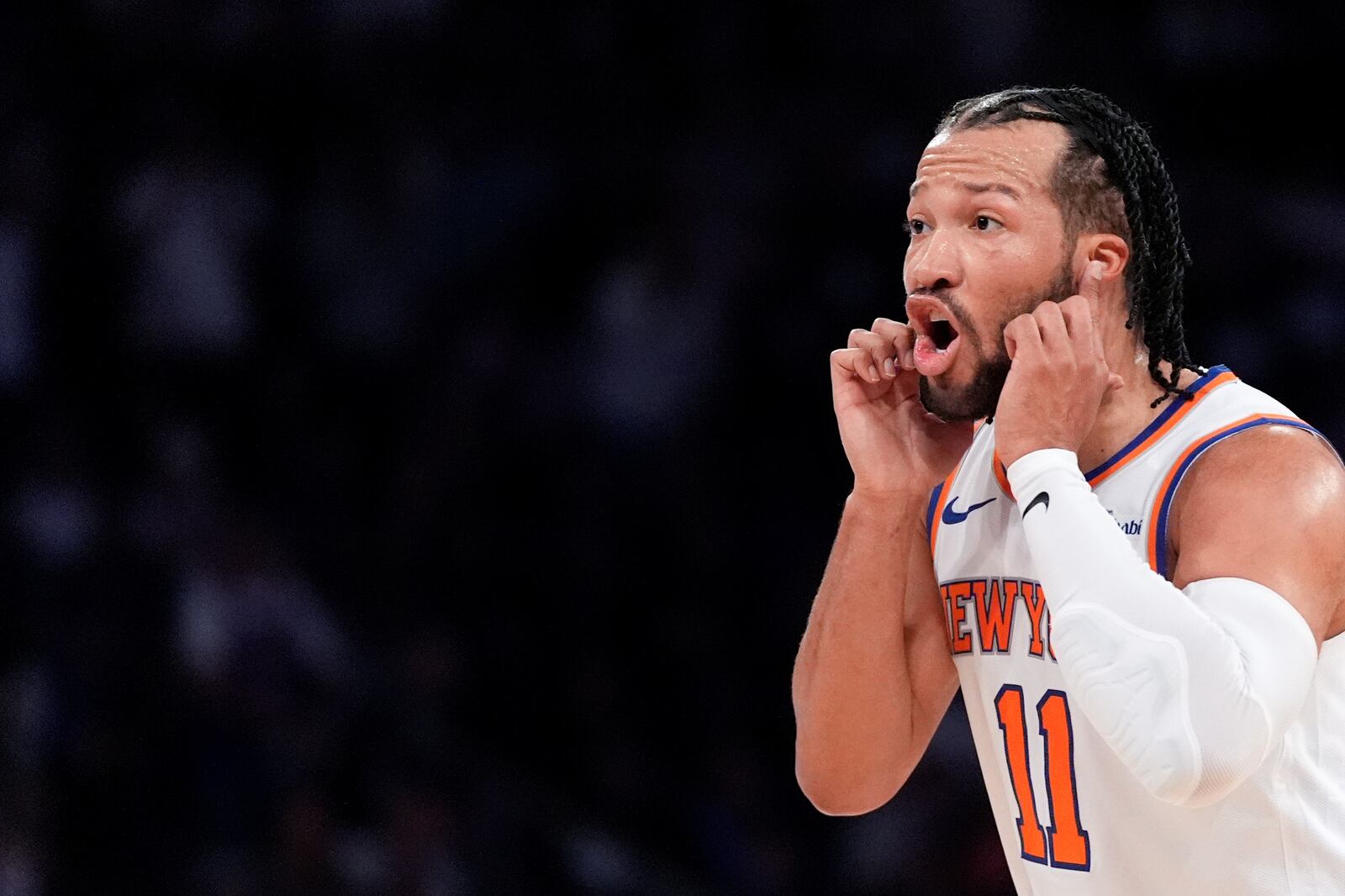 New York Knicks guard Jalen Brunson reacts during the second half of Game 1 in an NBA basketball first-round playoff series against the Detroit Pistons, Saturday, April 19, 2025, in New York. (AP Photo/Julia Demaree Nikhinson)